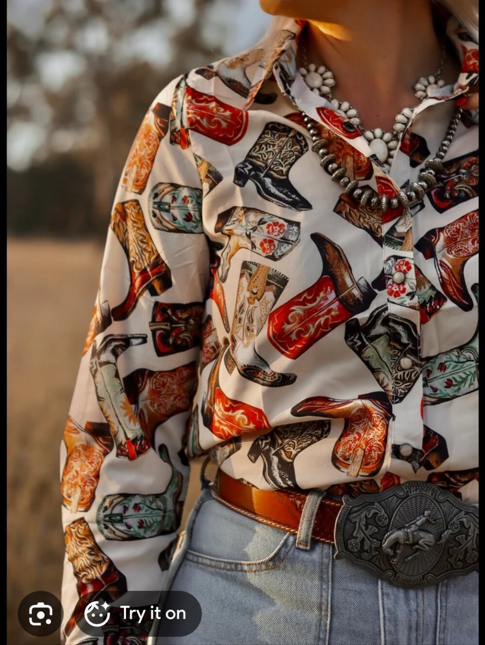 Fashion Express NWT Boot Scootin’ Boujee Blouse Western Cowboy Boot Print Top